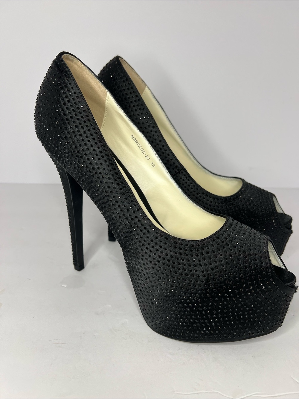 Marquise Black Rhinestone Peep-Toe Platform Stilettos